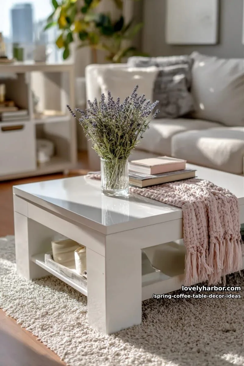 soft blush throw draped over a modern white coffee table with lavender 1