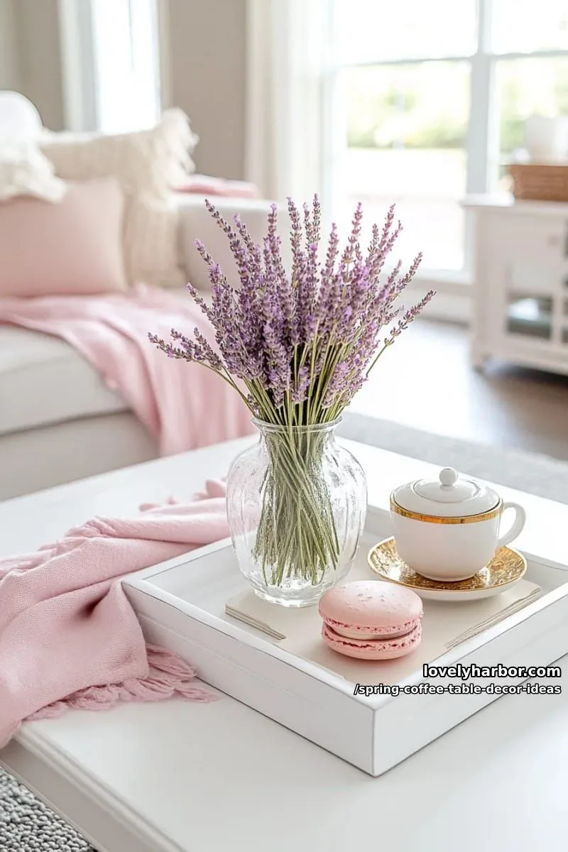 soft blush throw draped over a modern white coffee table with lavender 1