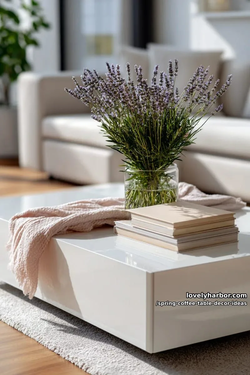 soft blush throw draped over a modern white coffee table with lavender 1