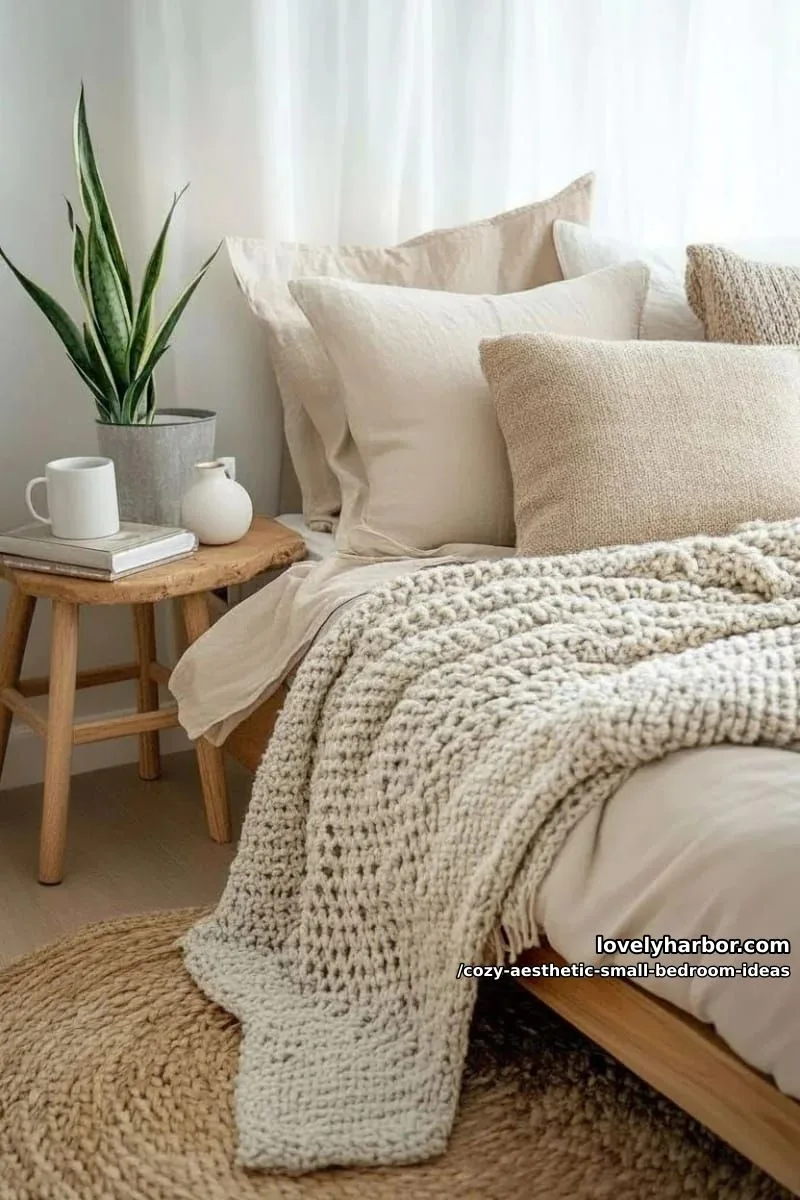 soft neutral bedding layered with chunky knit throws and plush pillows 1