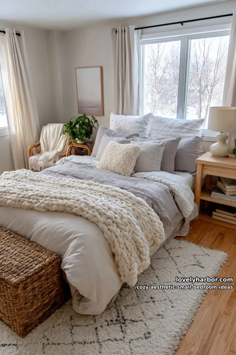soft neutral bedding layered with chunky knit throws and plush pillows 1