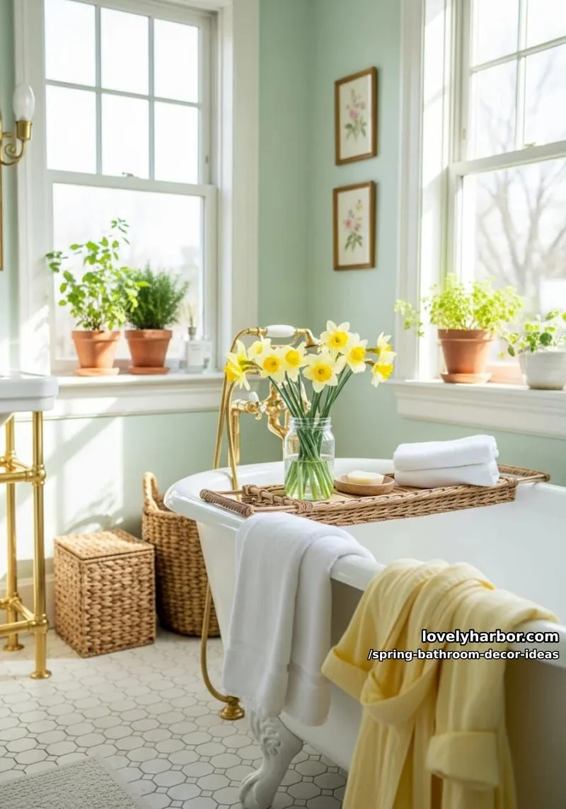 soft yellow daffodils in a mason jar atop a woven bath caddy 1