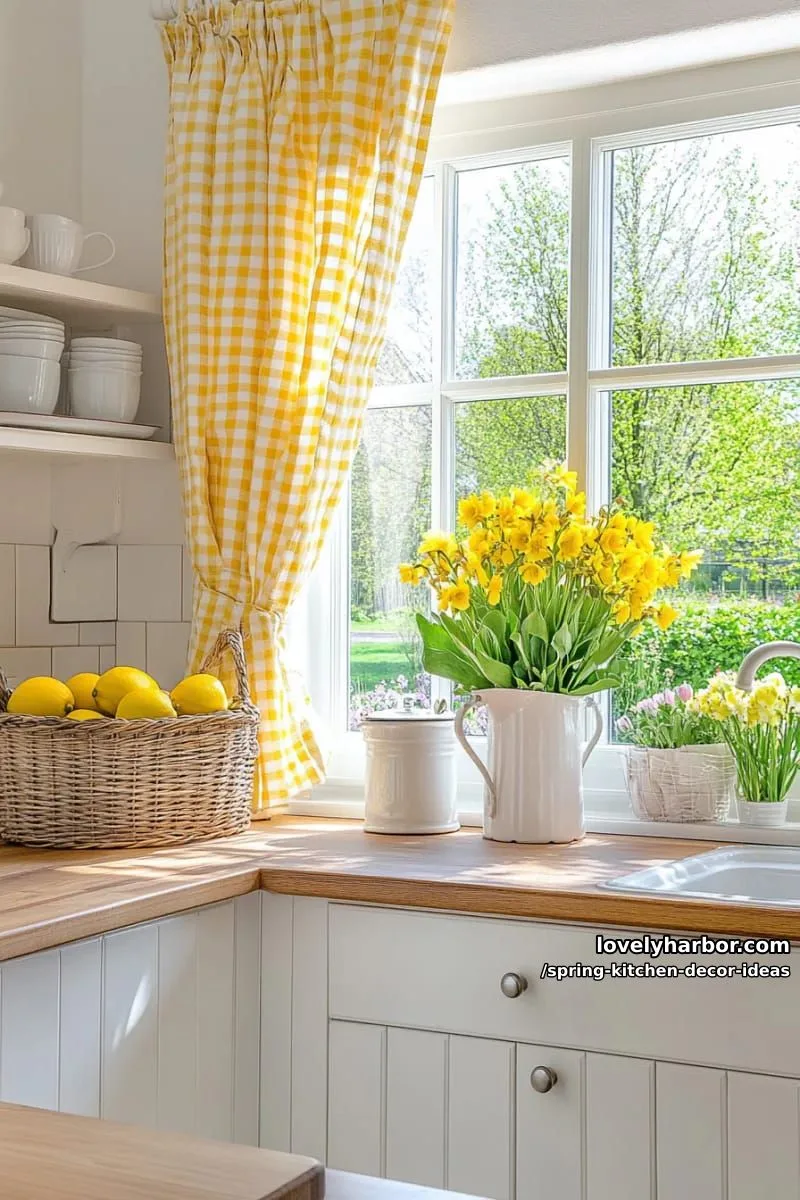 soft yellow gingham curtains framing a view of spring outside 1