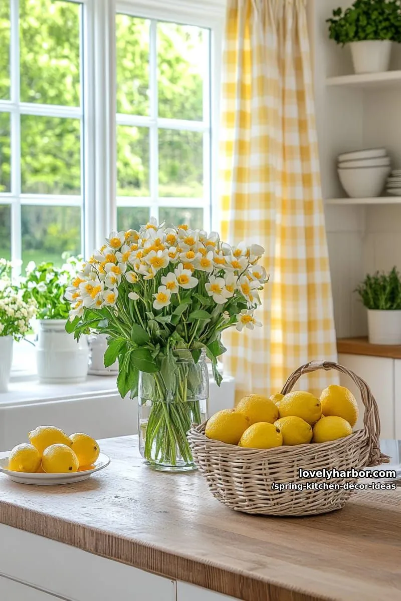soft yellow gingham curtains framing a view of spring outside 1