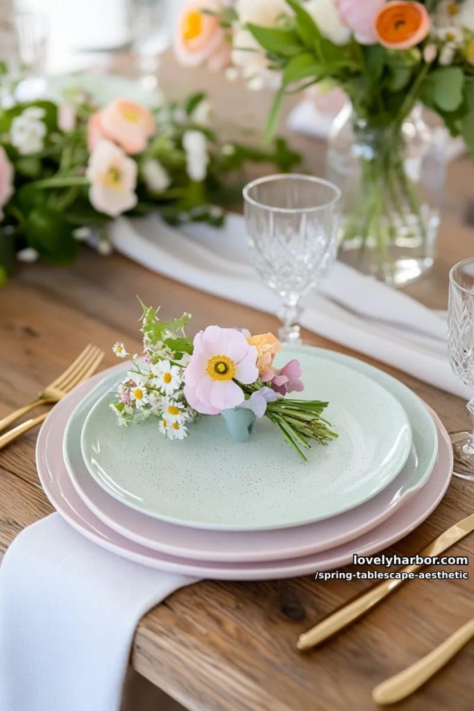 speckled pastel plates with mini bouquets at each place setting 22