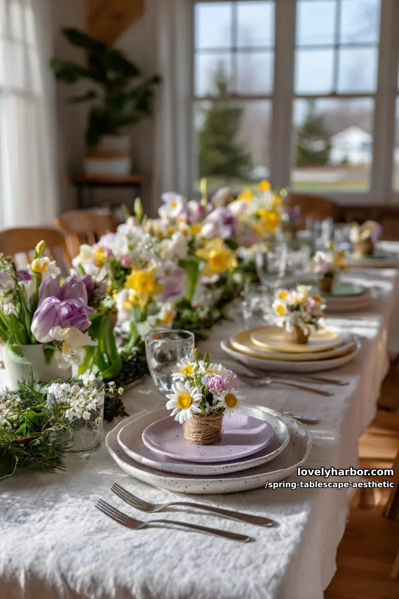 speckled pastel plates with mini bouquets at each place setting 1