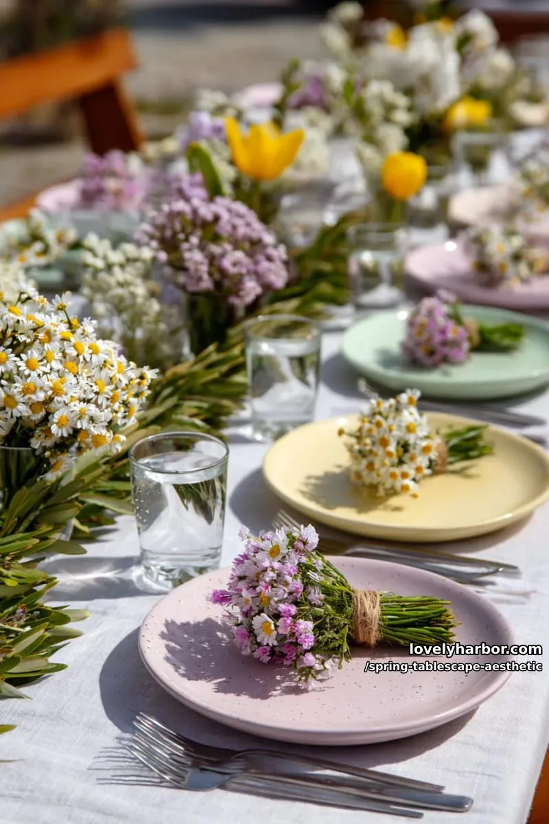 speckled pastel plates with mini bouquets at each place setting 1