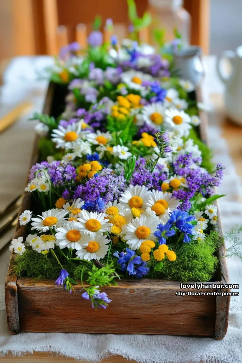 spring garden centerpiece with wildflowers and fresh moss in wooden trays 1