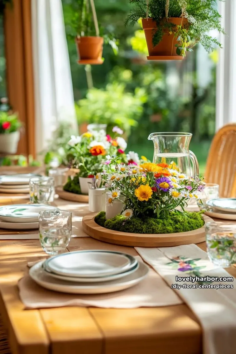 spring garden centerpiece with wildflowers and fresh moss in wooden trays 1