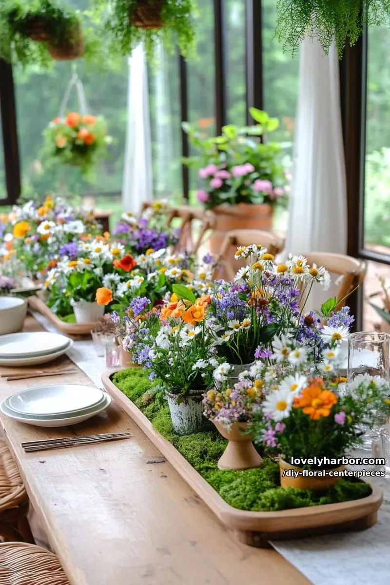 spring garden centerpiece with wildflowers and fresh moss in wooden trays 1
