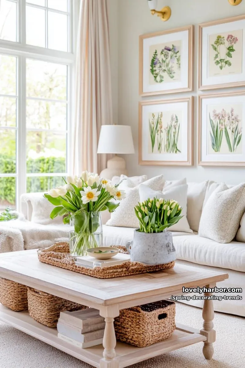 spring-themed gallery wall with botanical prints and pressed flowers 1