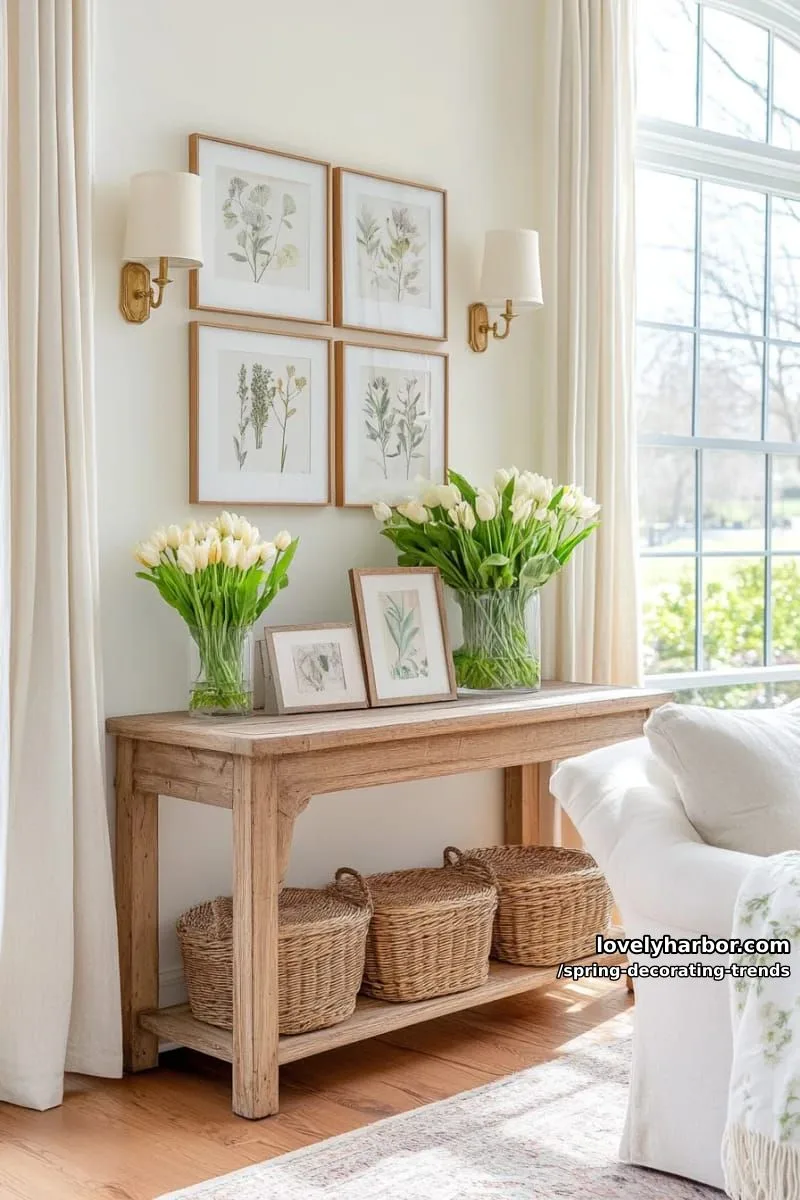 spring-themed gallery wall with botanical prints and pressed flowers 1