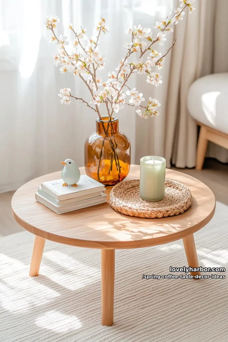 springtime arrangement of faux cherry blossoms in an amber glass vase 1