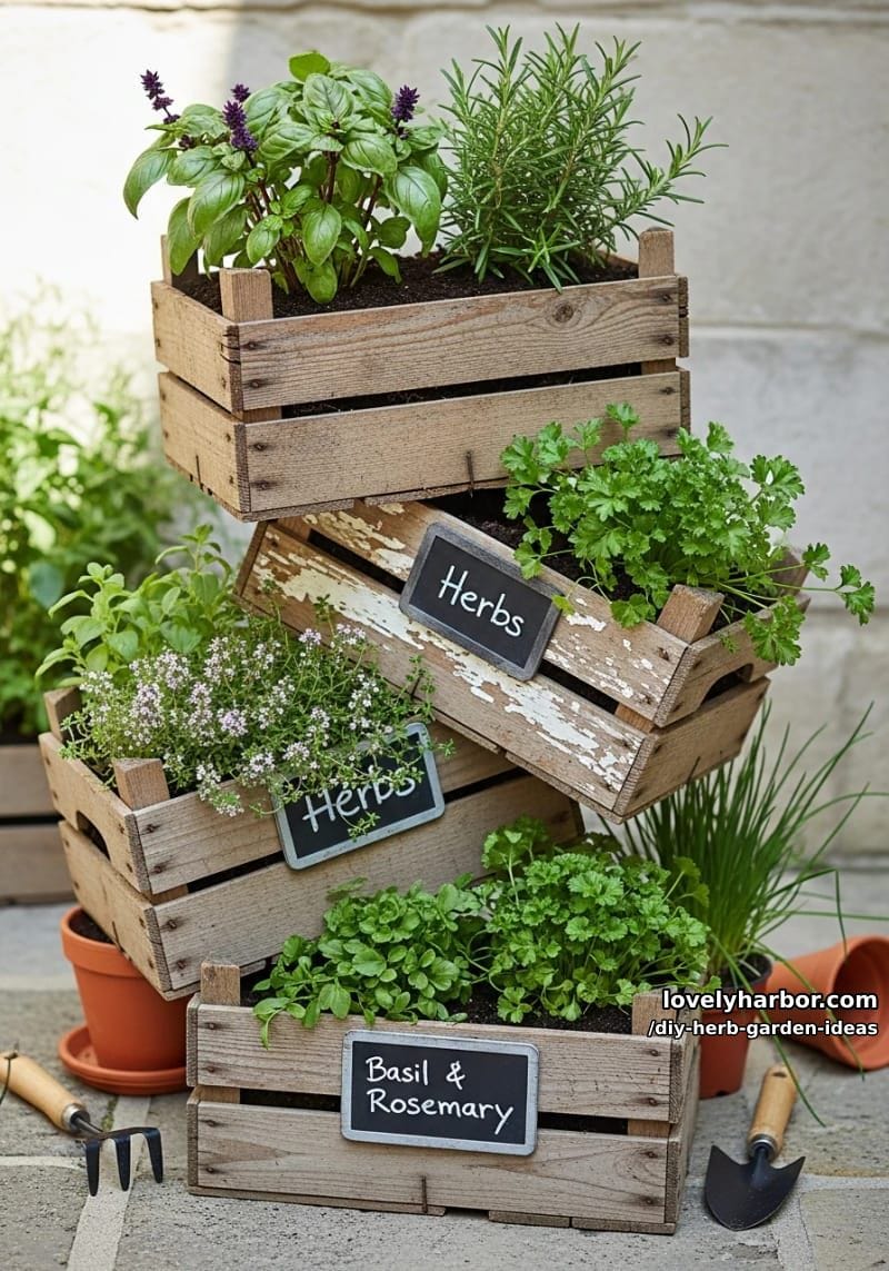 stack old crates diagonally to create a rustic herb display tower. 1