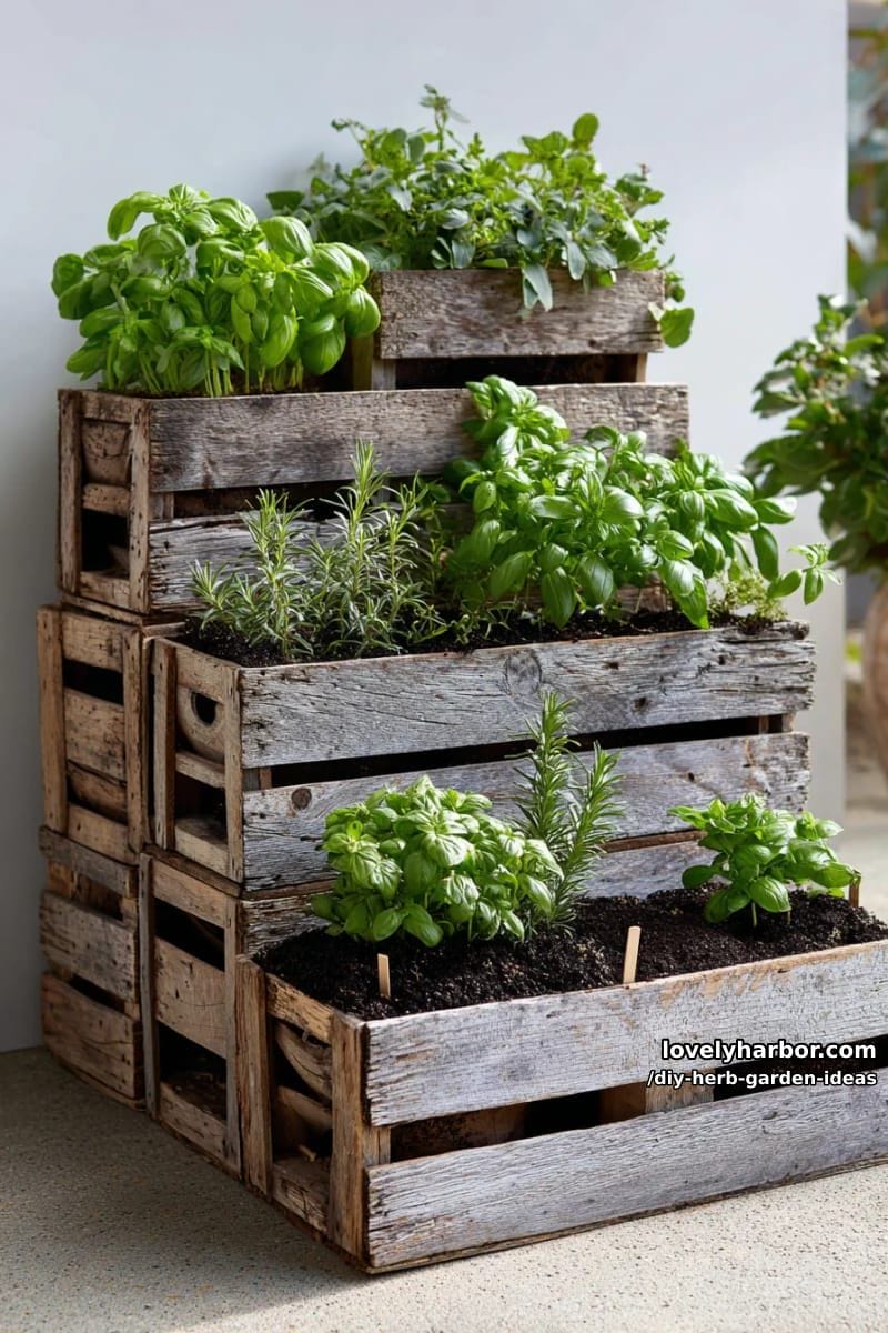 stack old crates diagonally to create a rustic herb display tower. 1