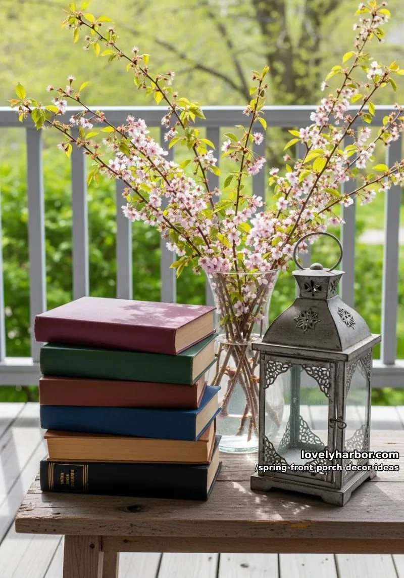stacked books, a vintage lantern, and a vase of cherry blossoms 1