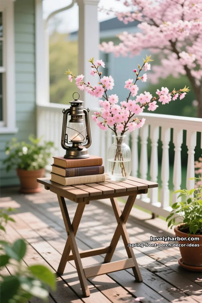 stacked books, a vintage lantern, and a vase of cherry blossoms 1