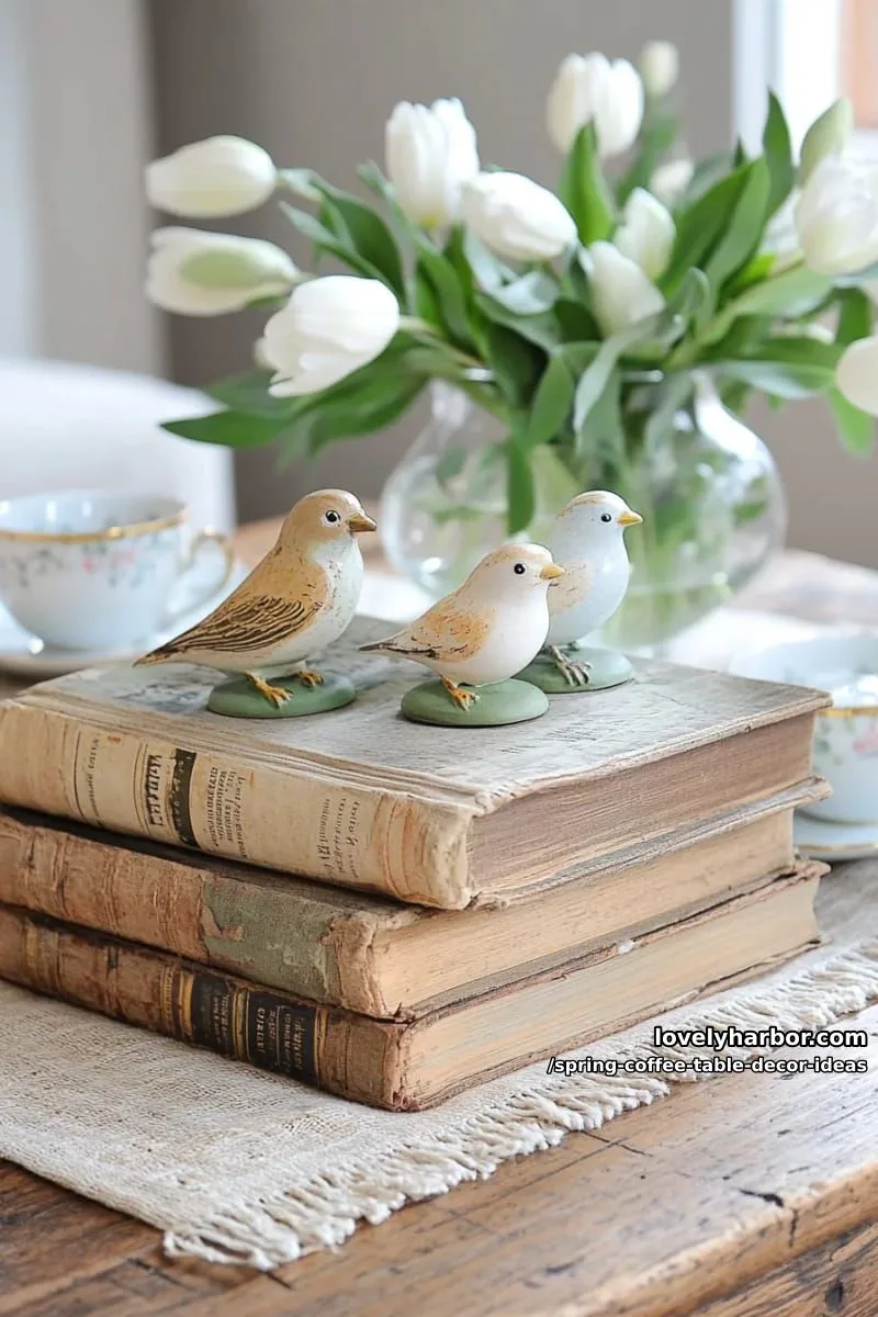 stacked vintage books topped with whimsical bird figurines and greenery 21