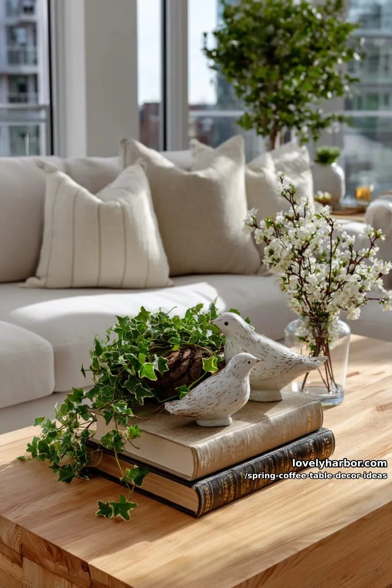 stacked vintage books topped with whimsical bird figurines and greenery 1