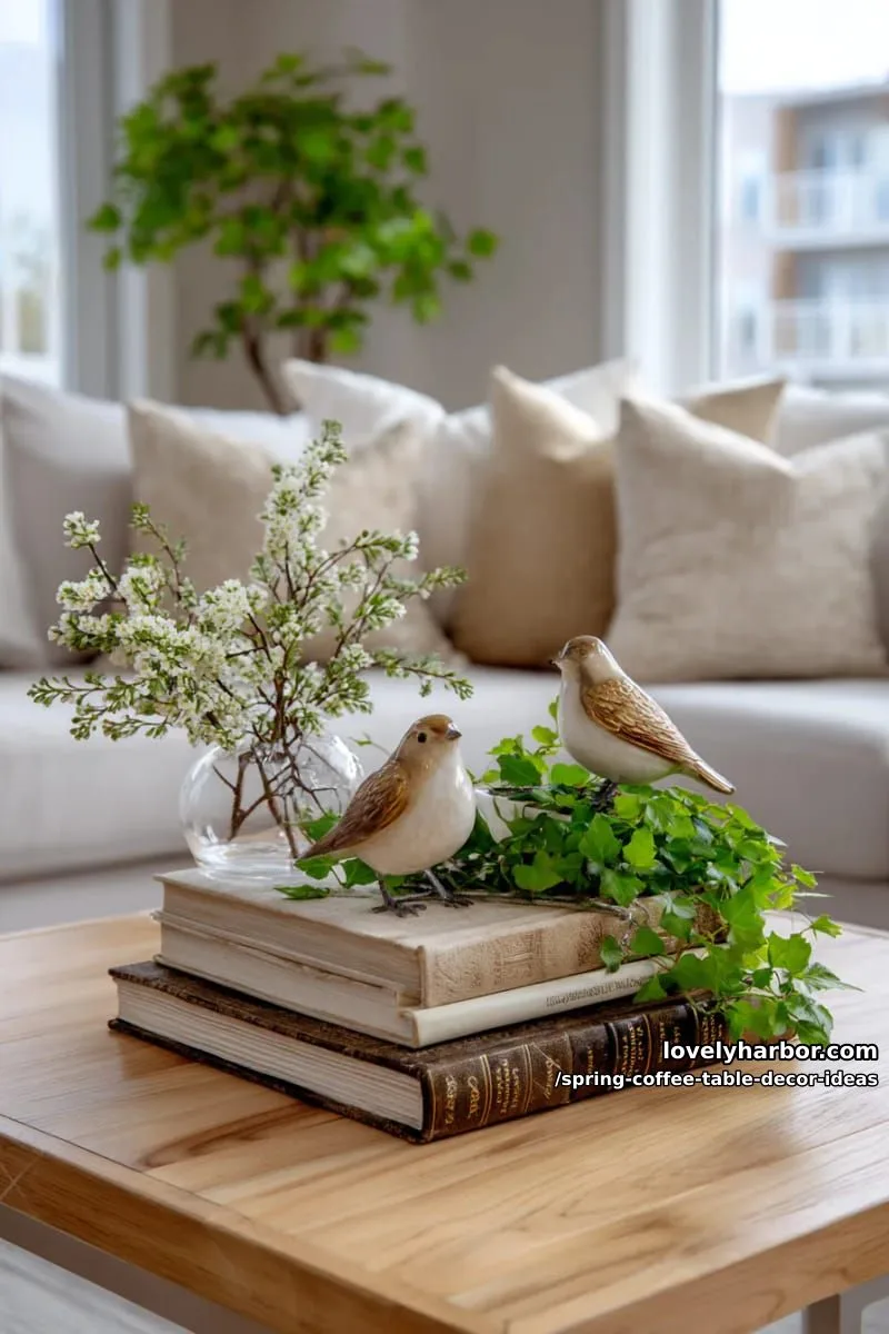 stacked vintage books topped with whimsical bird figurines and greenery 1
