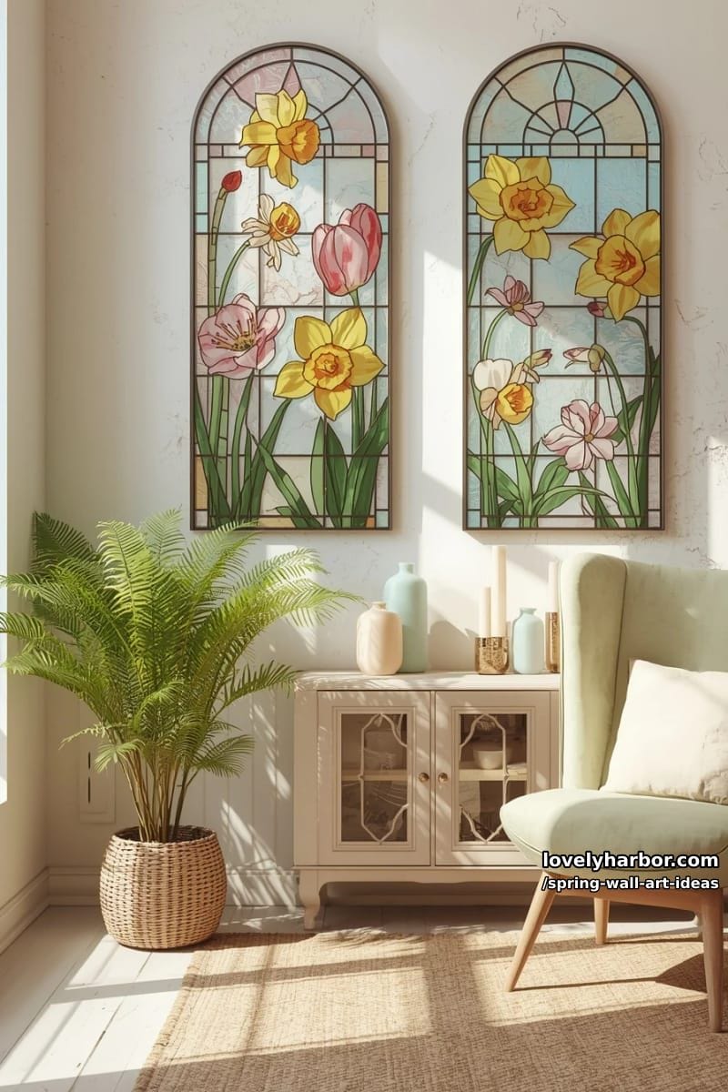 stained glass-style wall hangings with colorful, geometric spring flower patterns 1