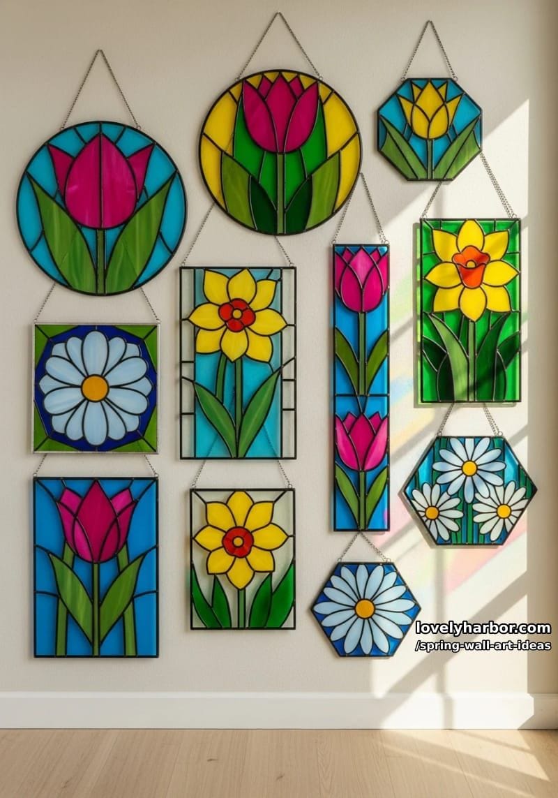 stained glass-style wall hangings with colorful, geometric spring flower patterns 1