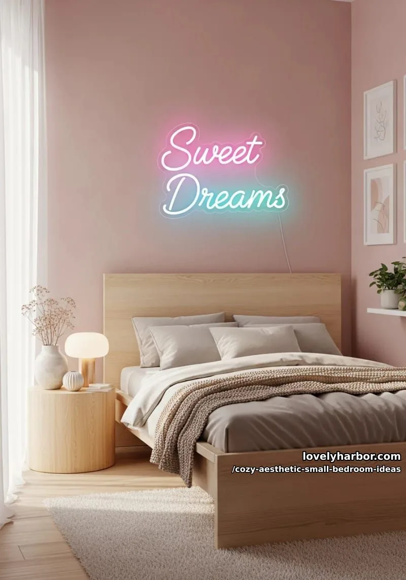 statement neon sign in soft pastel above minimalist headboard 1