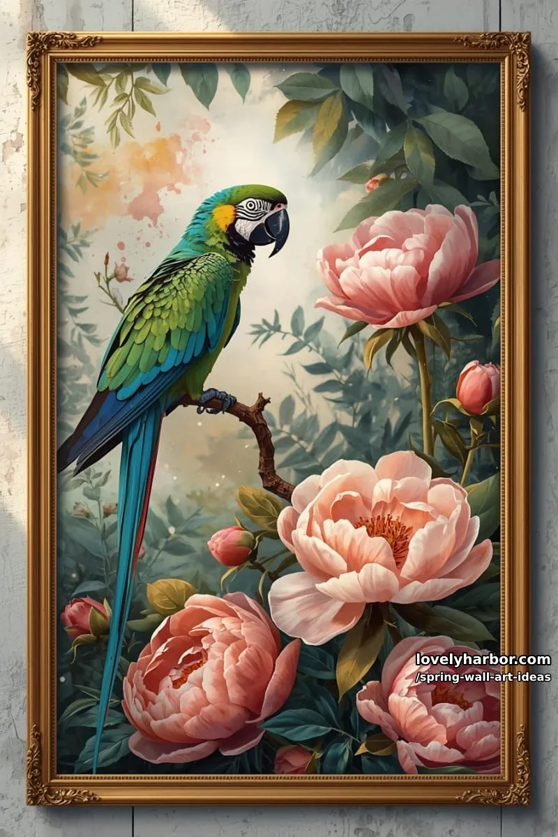 statement piece with a bright parrot surrounded by oversized pink blooms 1
