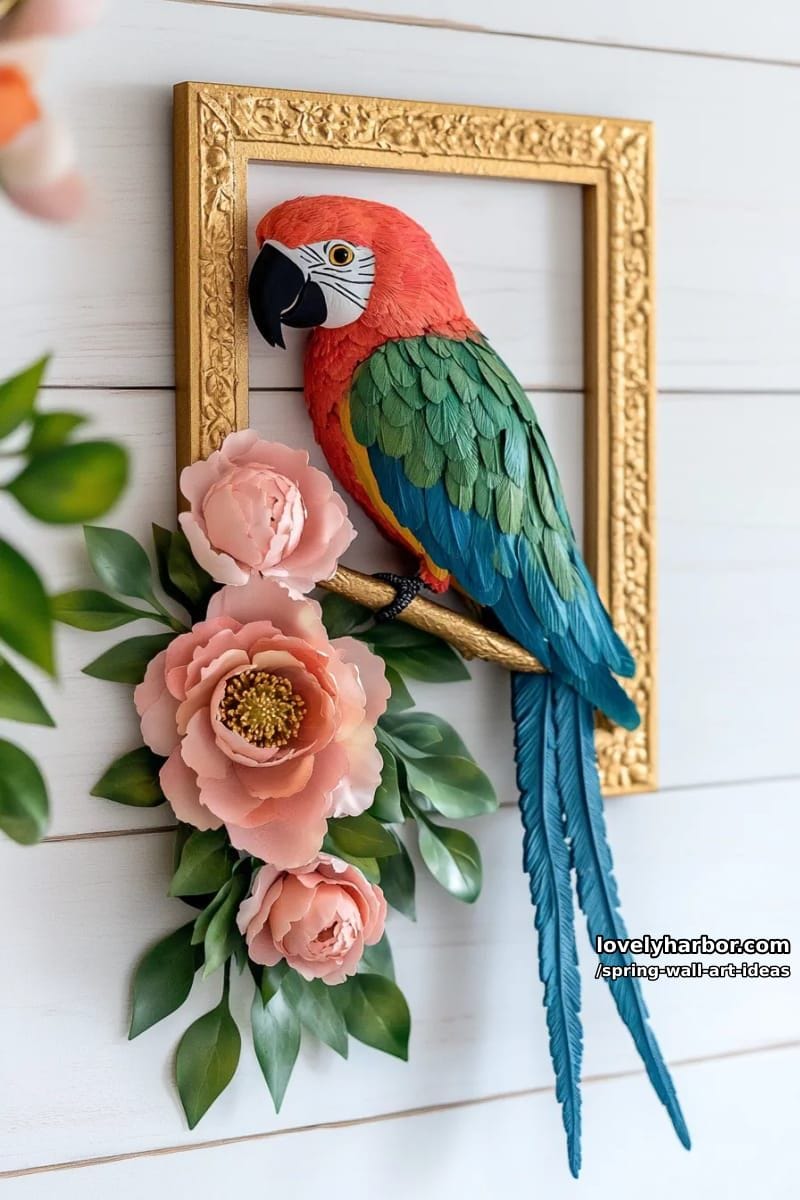 statement piece with a bright parrot surrounded by oversized pink blooms 1