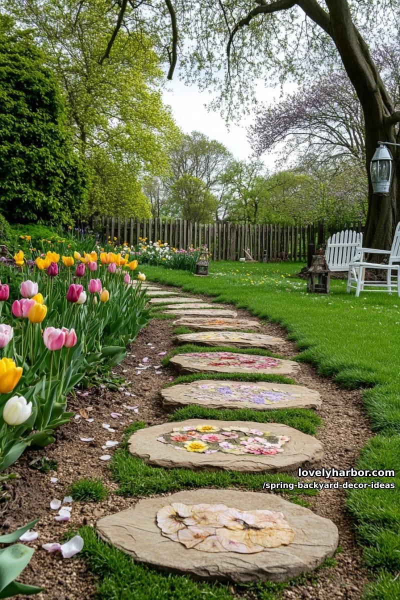 stepping stones with pressed flower patterns winding through lush green lawn 1