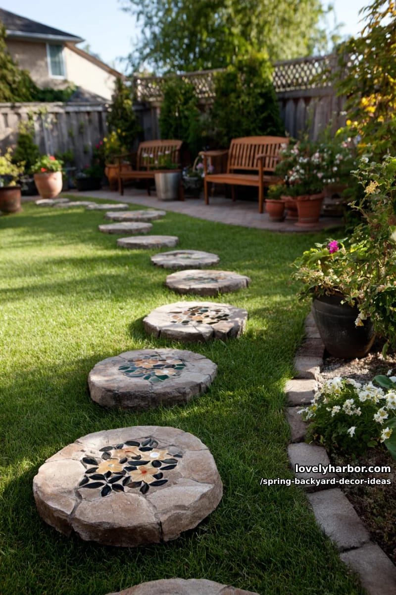 stepping stones with pressed flower patterns winding through lush green lawn 1