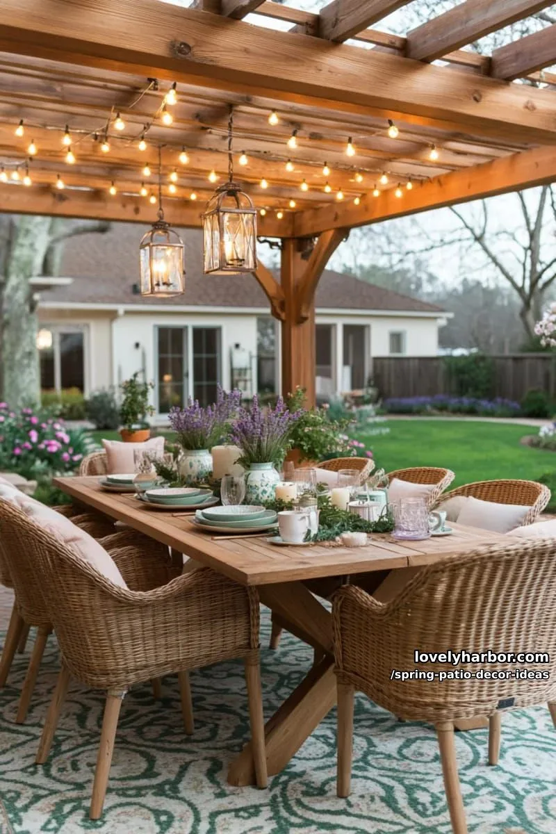 21 Spring Patio Decor Ideas To Welcome The New Season 2 string fairy lights across pergola beams for a magical spring evening glow 1