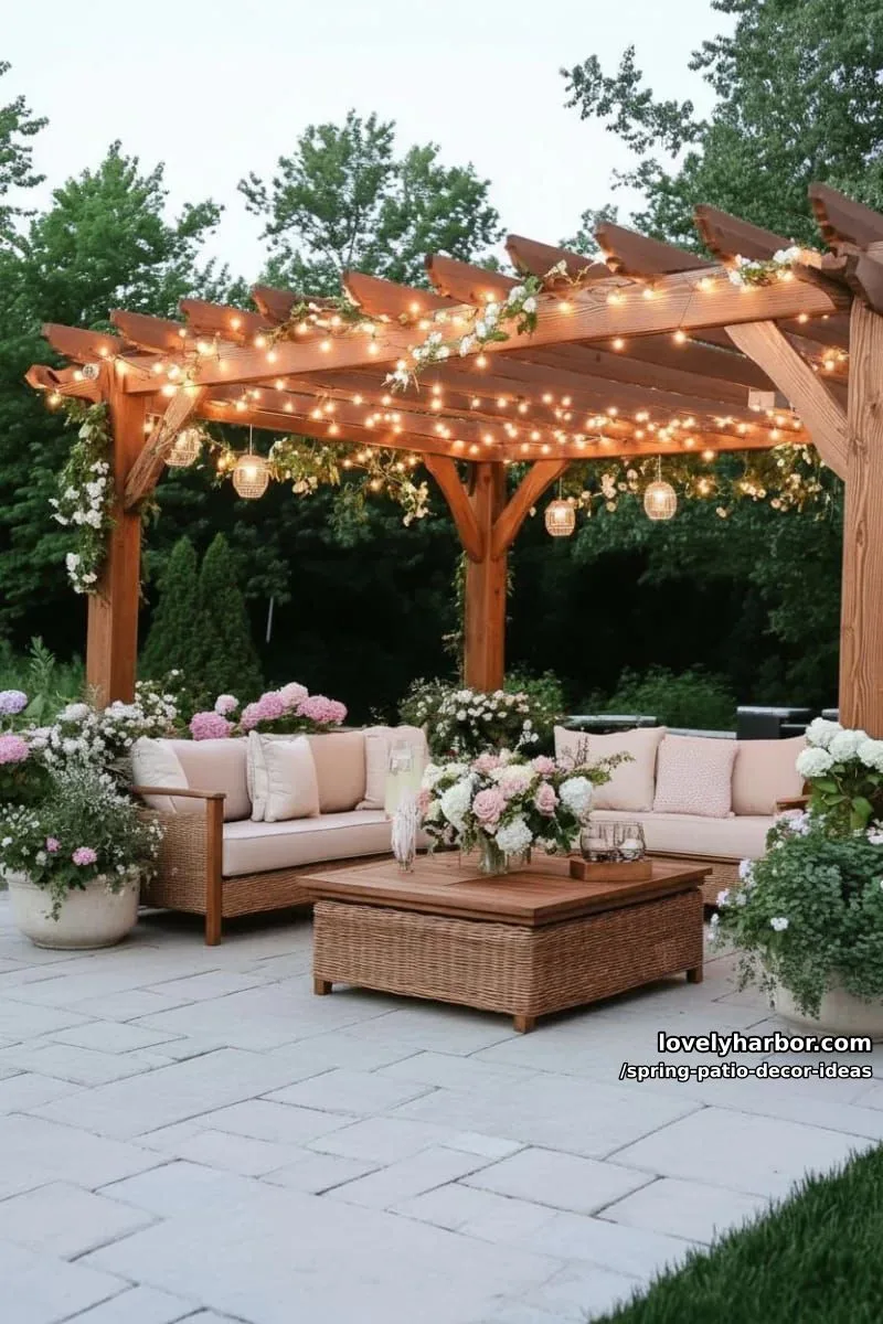 21 Spring Patio Decor Ideas To Welcome The New Season 3 string fairy lights across pergola beams for a magical spring evening glow 1