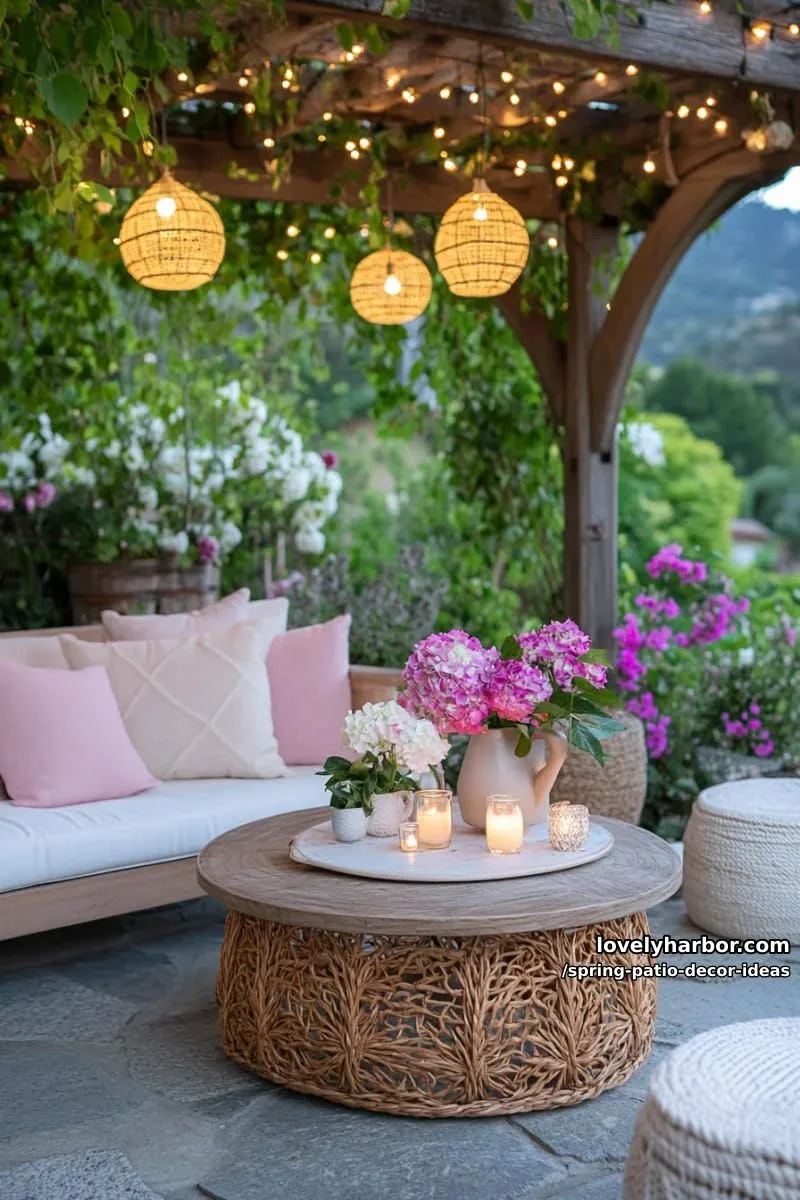 21 Spring Patio Decor Ideas To Welcome The New Season 4 string fairy lights across pergola beams for a magical spring evening glow 1