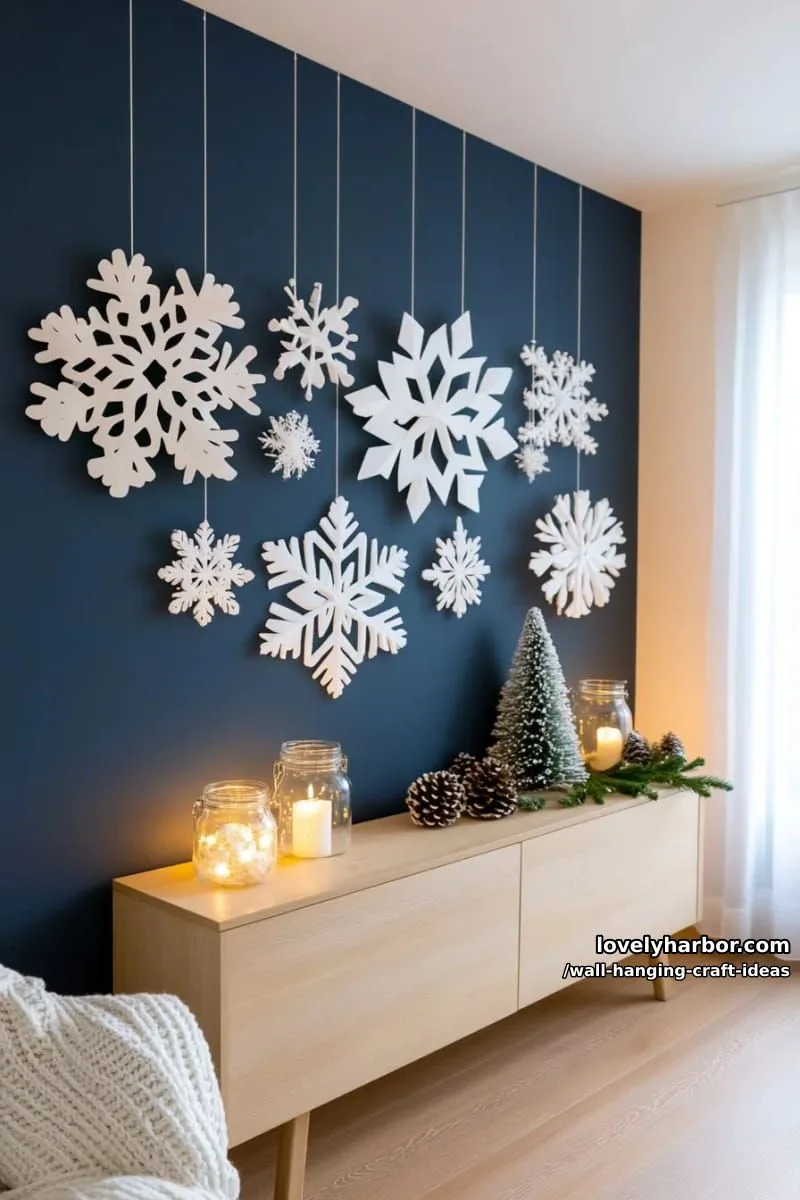 15 Artistic Wall Hanging Crafts to Upgrade Your Home 38 string together large paper snowflakes for winter-inspired hanging wall décor. 1