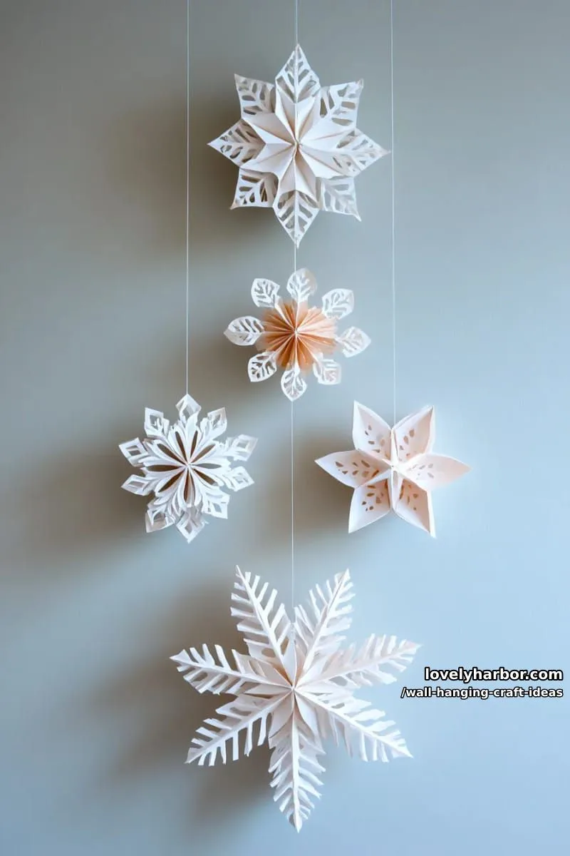 15 Artistic Wall Hanging Crafts to Upgrade Your Home 40 string together large paper snowflakes for winter-inspired hanging wall décor. 1