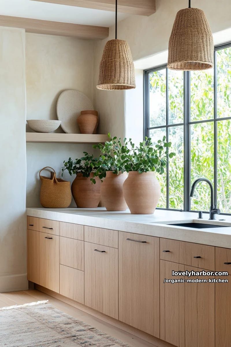 style a kitchen corner with sculptural clay vases and handwoven baskets. 1