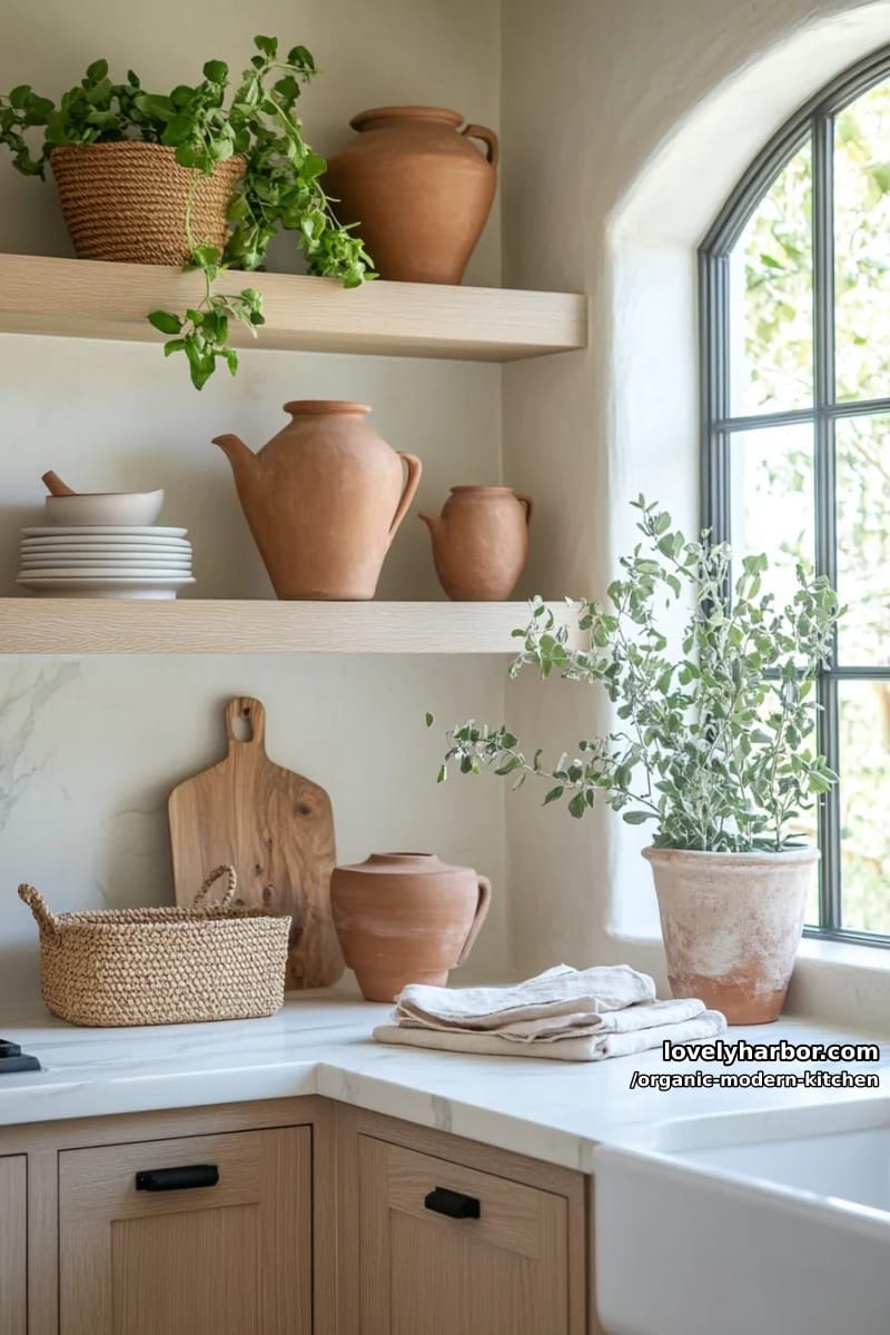 style a kitchen corner with sculptural clay vases and handwoven baskets. 1