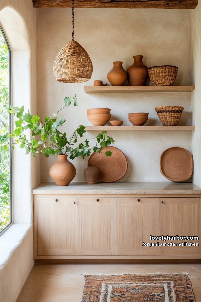 style a kitchen corner with sculptural clay vases and handwoven baskets. 1