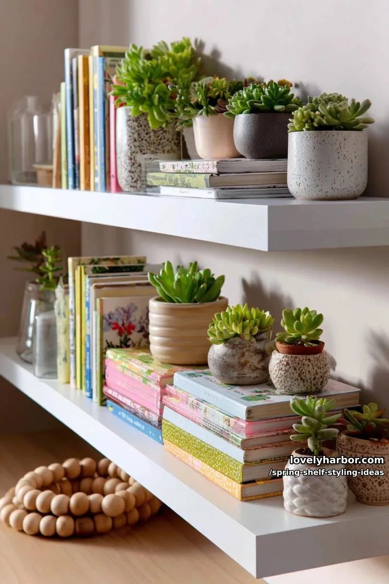 style floating shelves with stacked botanical books and a cluster of mini succulents. 1