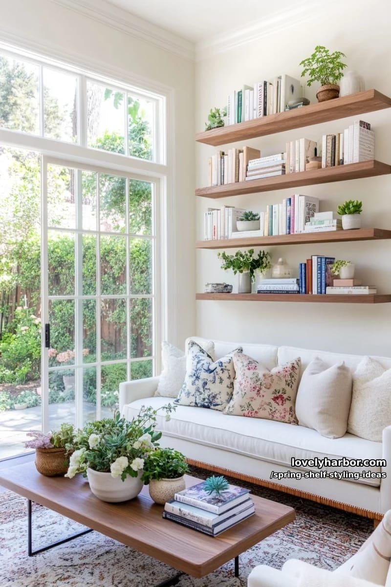 style floating shelves with stacked botanical books and a cluster of mini succulents. 1