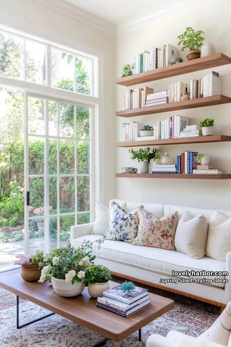 style floating shelves with stacked botanical books and a cluster of mini succulents. 1