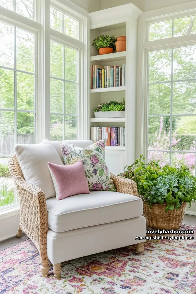 style floating shelves with stacked botanical books and a cluster of mini succulents. 1