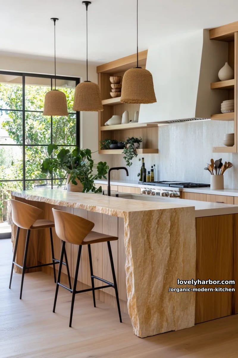 style seating with organic-shaped barstools at a monolithic stone island. 1