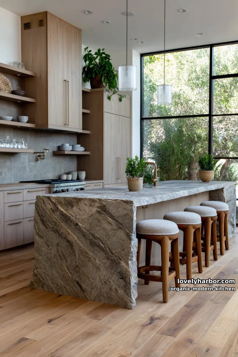 style seating with organic-shaped barstools at a monolithic stone island. 1