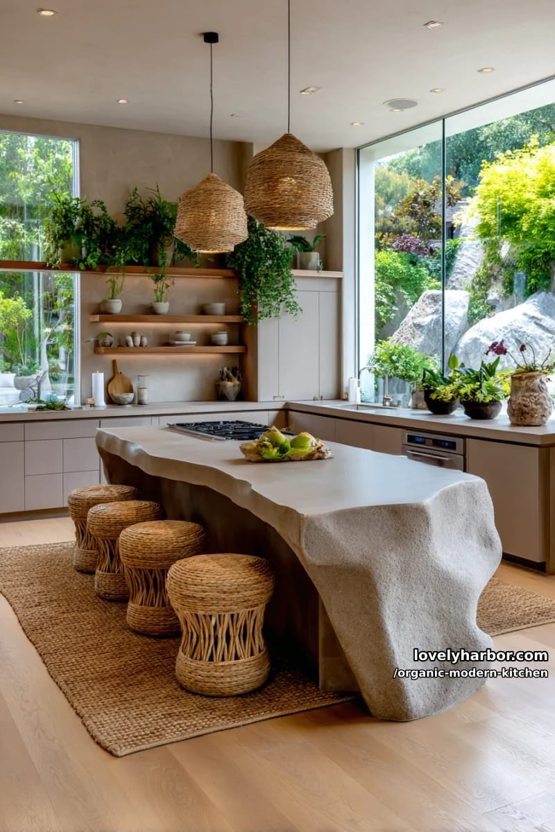 style seating with organic-shaped barstools at a monolithic stone island. 1