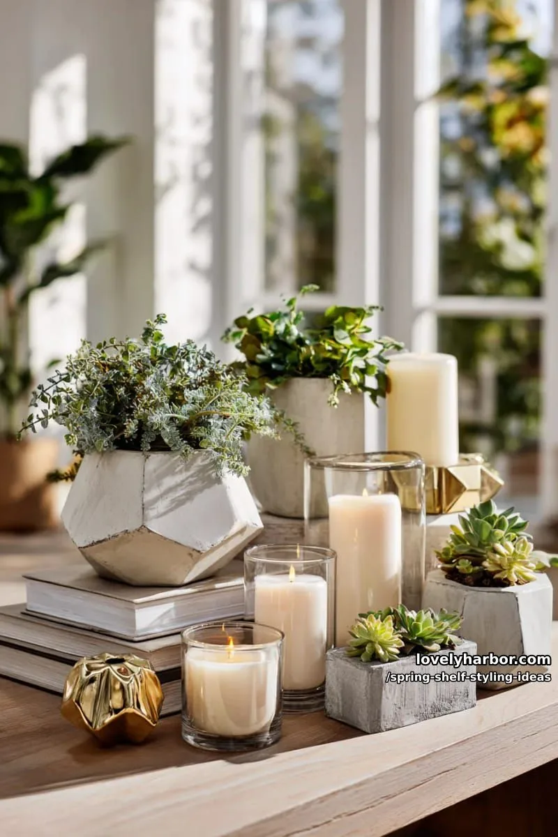 style shelves with geometric planters and soft blush candles in varying heights. 1
