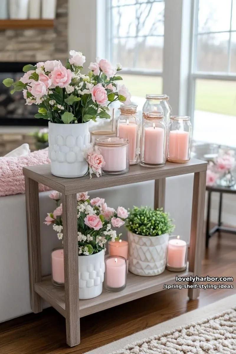 style shelves with geometric planters and soft blush candles in varying heights. 1