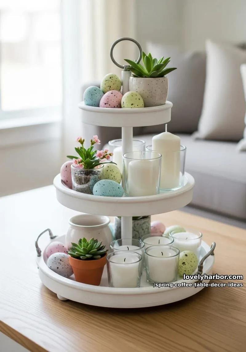 stylish tiered tray featuring pastel eggs, mini potted plants, and candles 1
