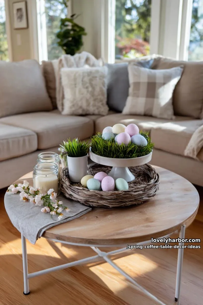 stylish tiered tray featuring pastel eggs, mini potted plants, and candles 1